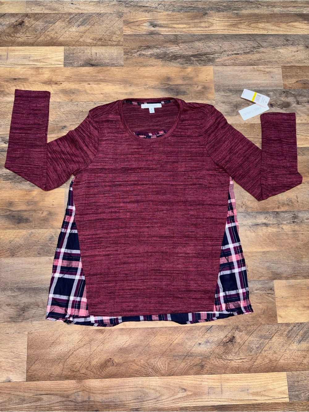Women's Maroon Long Sleeve Layered Plaid Side-Panel Top